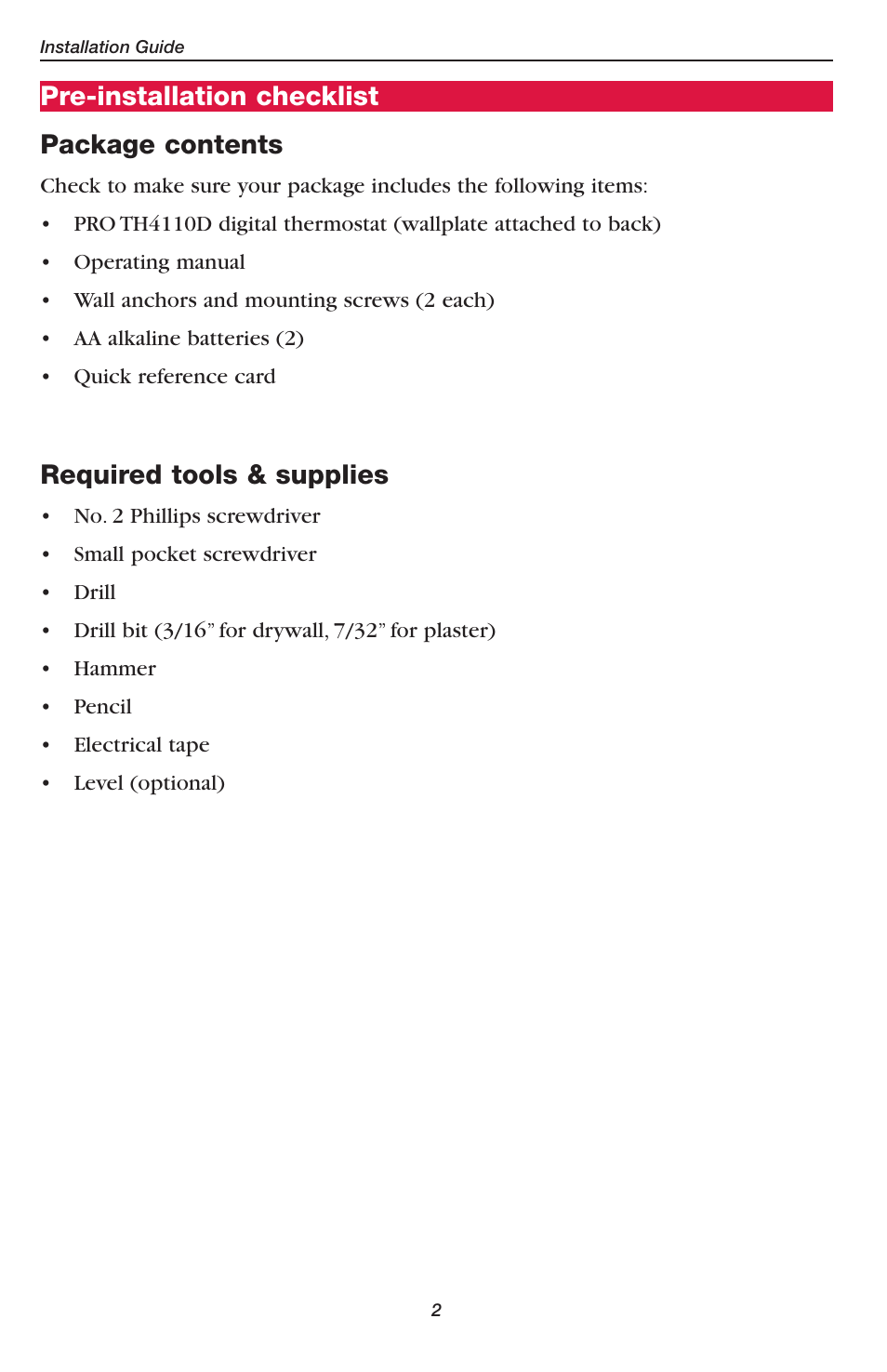 Pre-installation checklist package contents, Required tools & supplies | Honeywell PRO TH4110D User Manual | Page 4 / 16