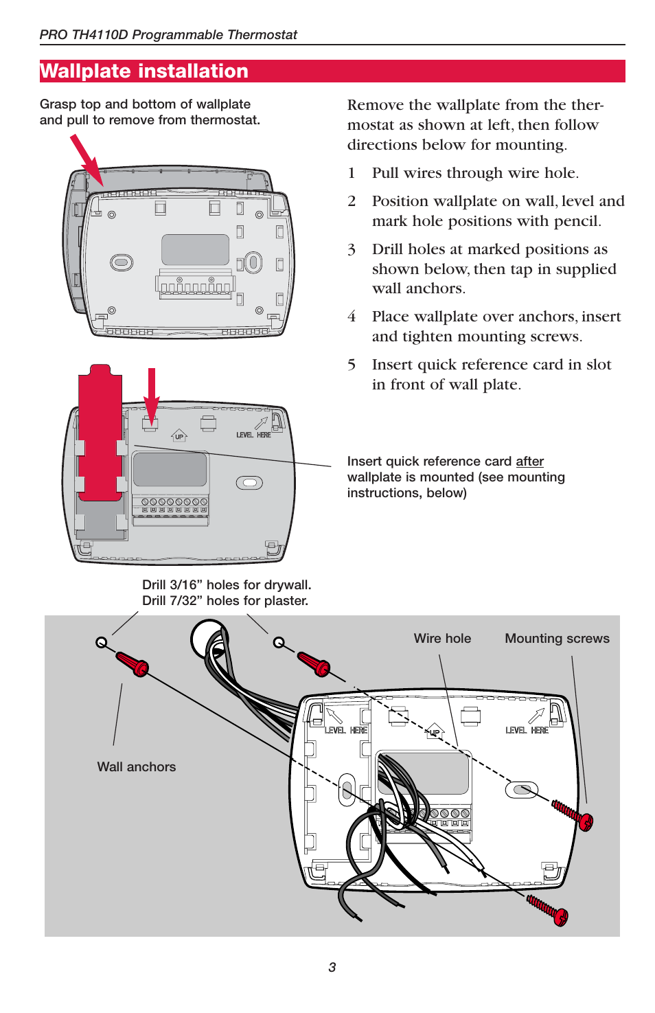 Wallplate installation | Honeywell PRO TH4110D User Manual | Page 5 / 16