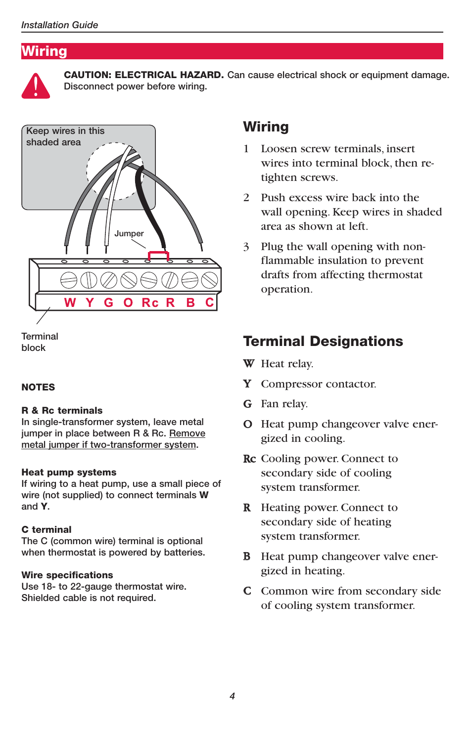 Wiring, Terminal designations | Honeywell PRO TH4110D User Manual | Page 6 / 16