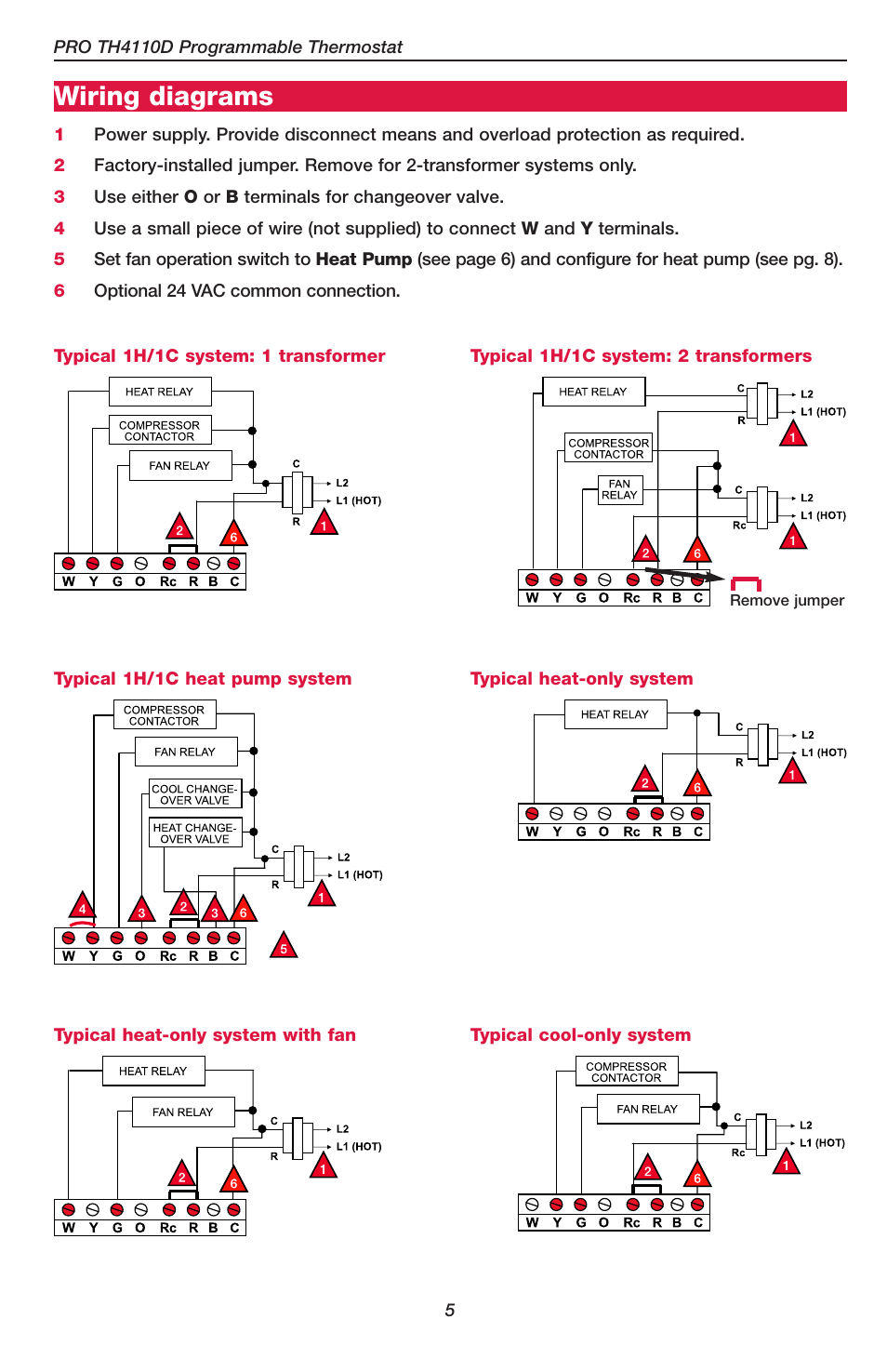 Wiring diagrams | Honeywell PRO TH4110D User Manual | Page 7 / 16