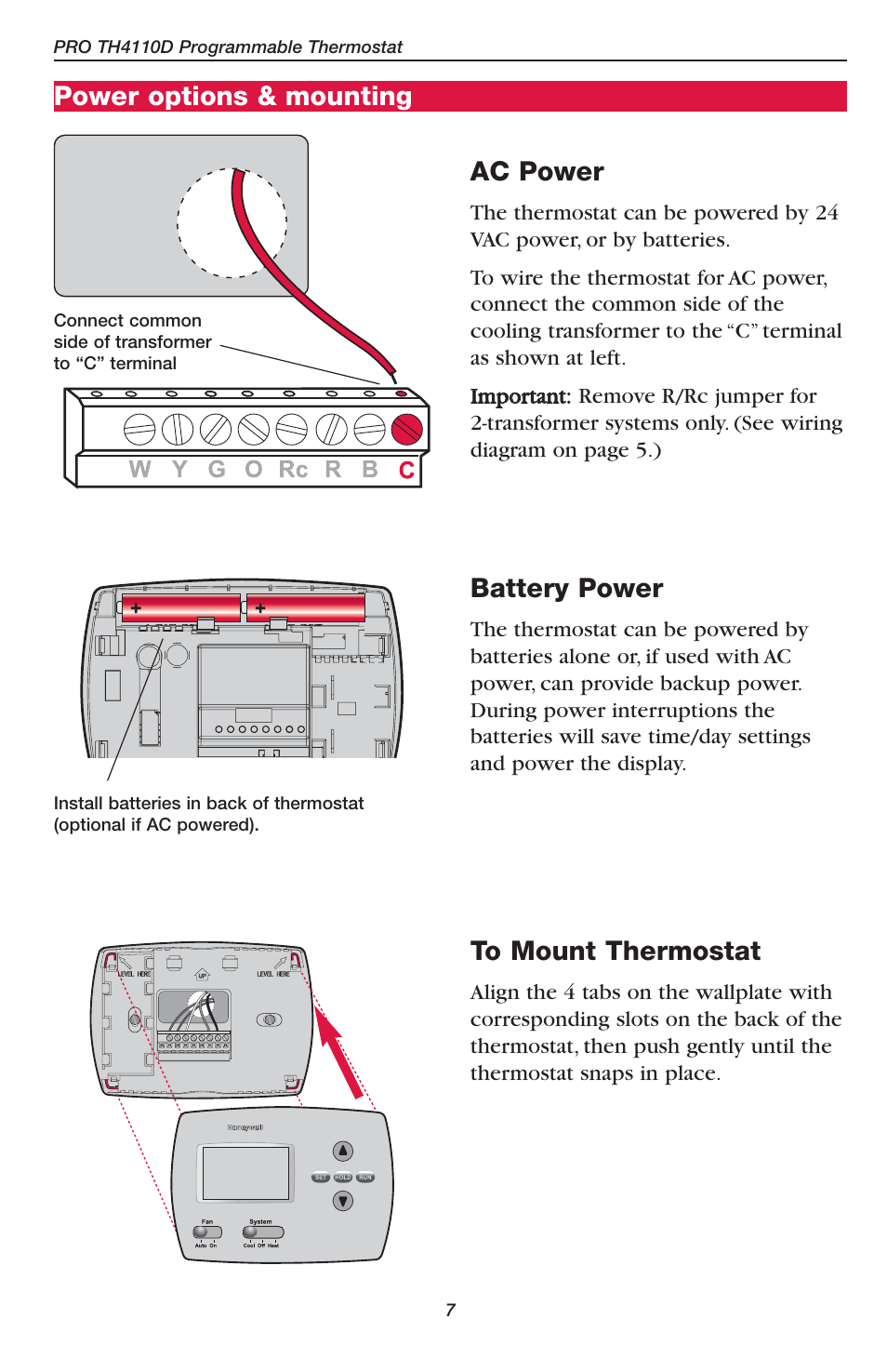 Ac power, Battery power, Power options & mounting | Honeywell PRO TH4110D User Manual | Page 9 / 16