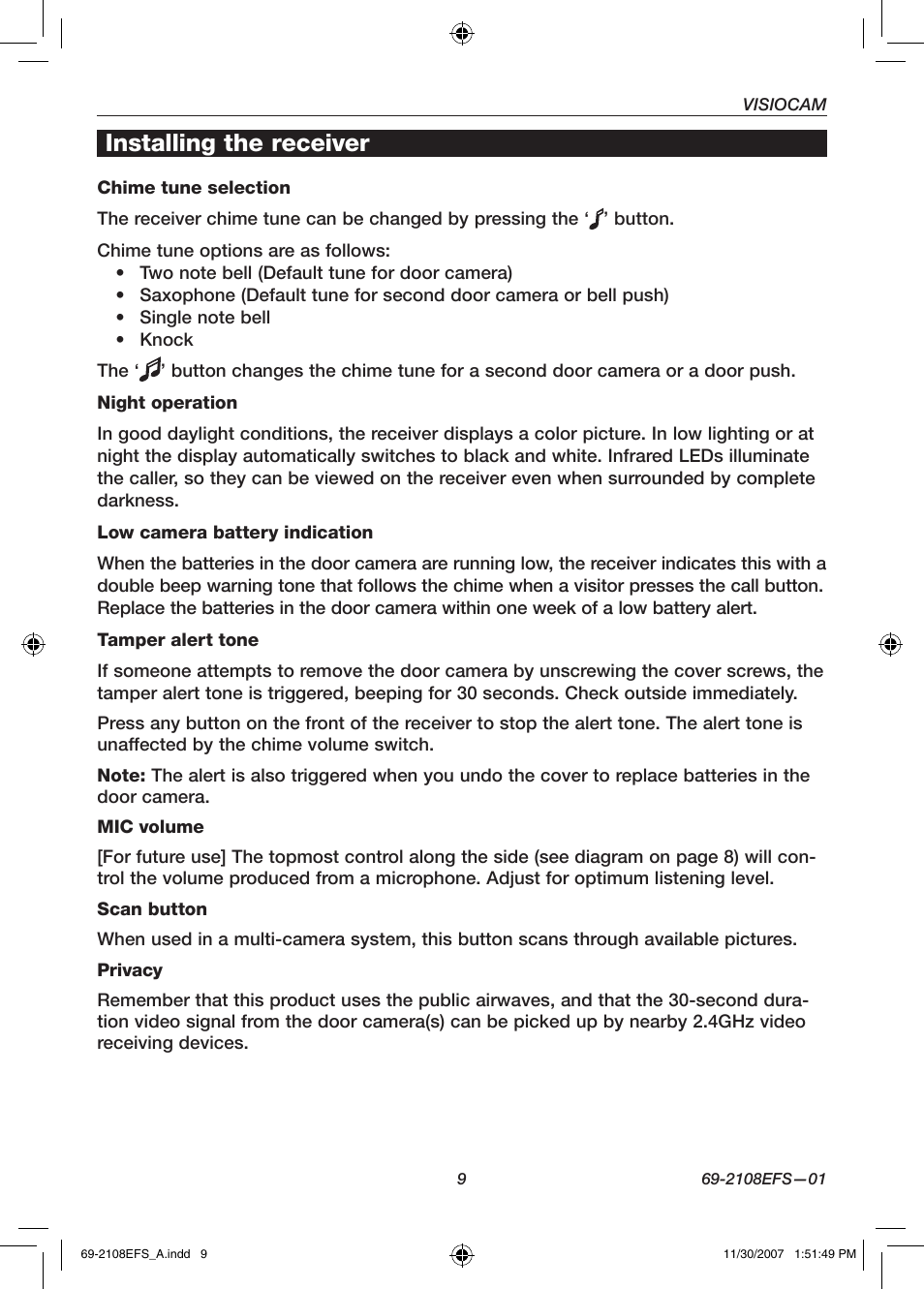 Installing the receiver | Honeywell VISIOCAM RPWL800A User Manual | Page 11 / 56