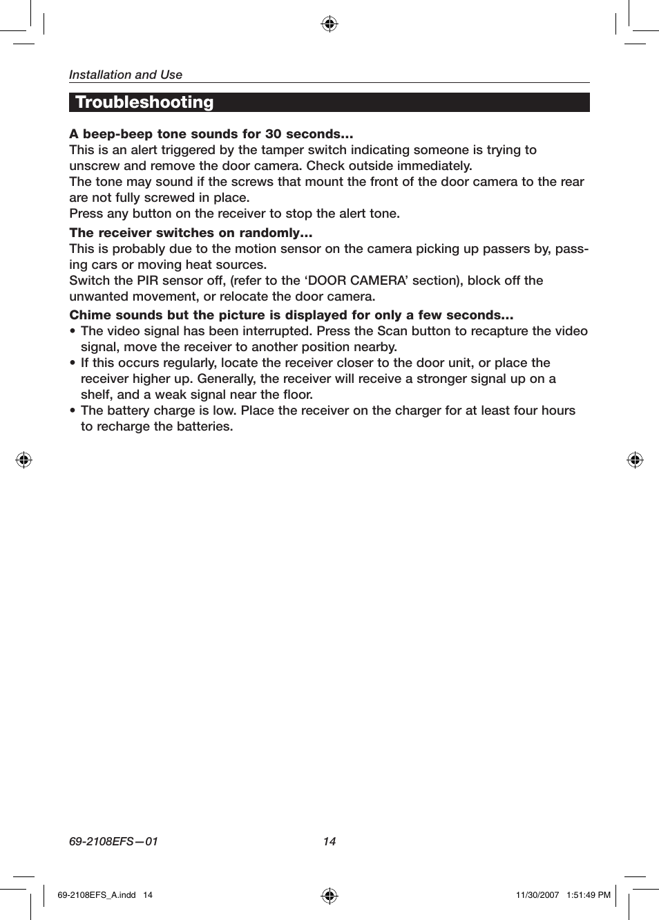 Troubleshooting | Honeywell VISIOCAM RPWL800A User Manual | Page 16 / 56