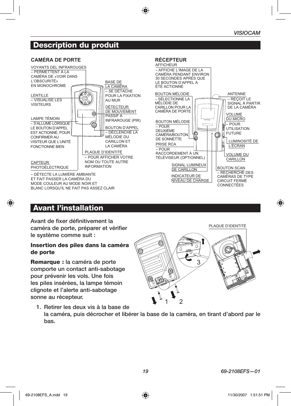 Avant l’installation, Description du produit, Visiocam | Honeywell VISIOCAM RPWL800A User Manual | Page 21 / 56