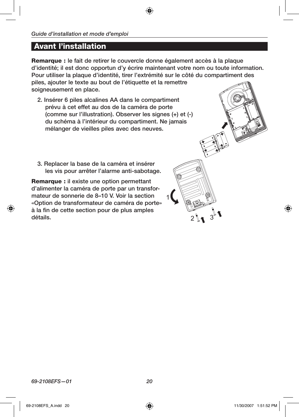 Avant l’installation | Honeywell VISIOCAM RPWL800A User Manual | Page 22 / 56