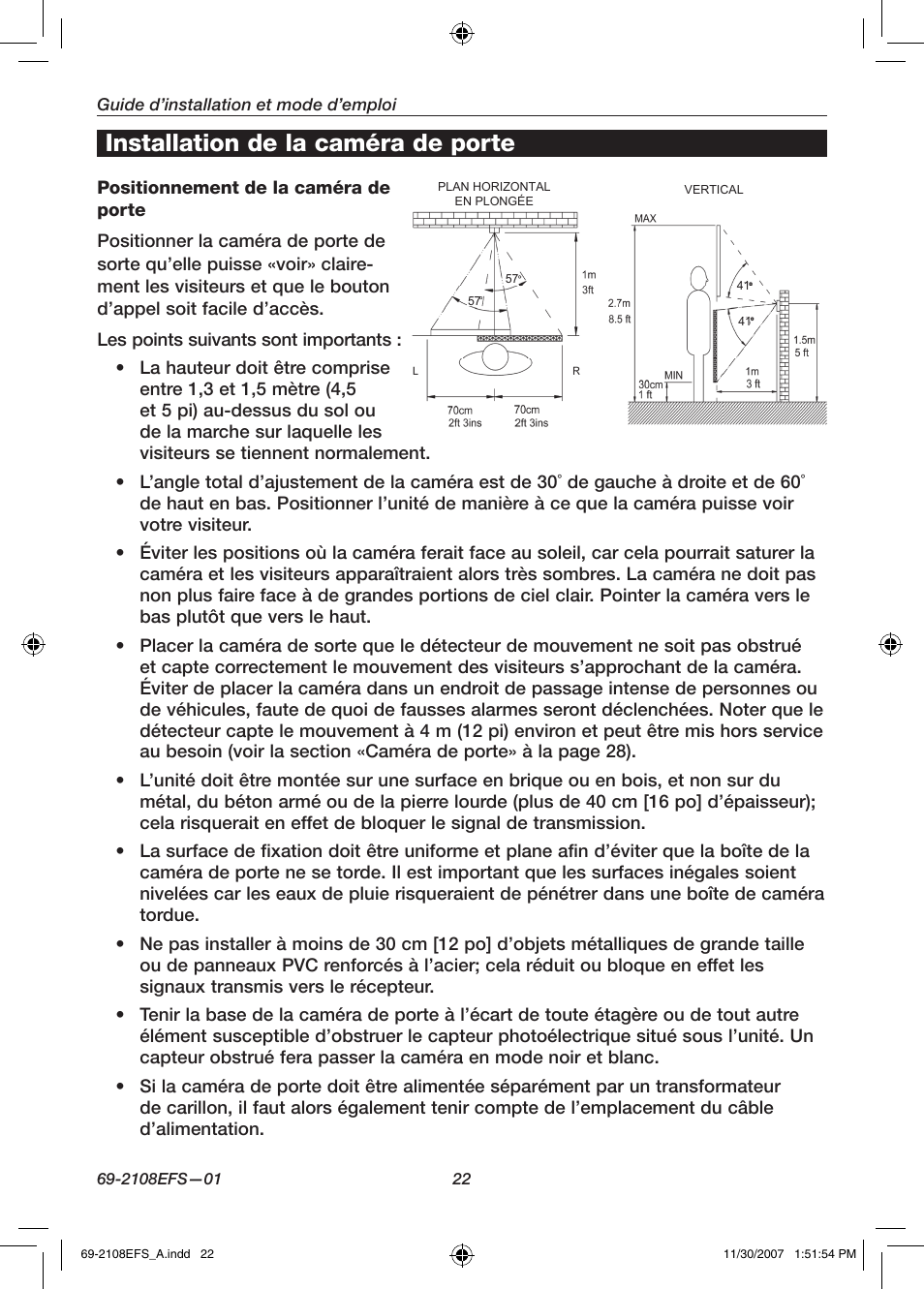 Installation de la caméra de porte | Honeywell VISIOCAM RPWL800A User Manual | Page 24 / 56