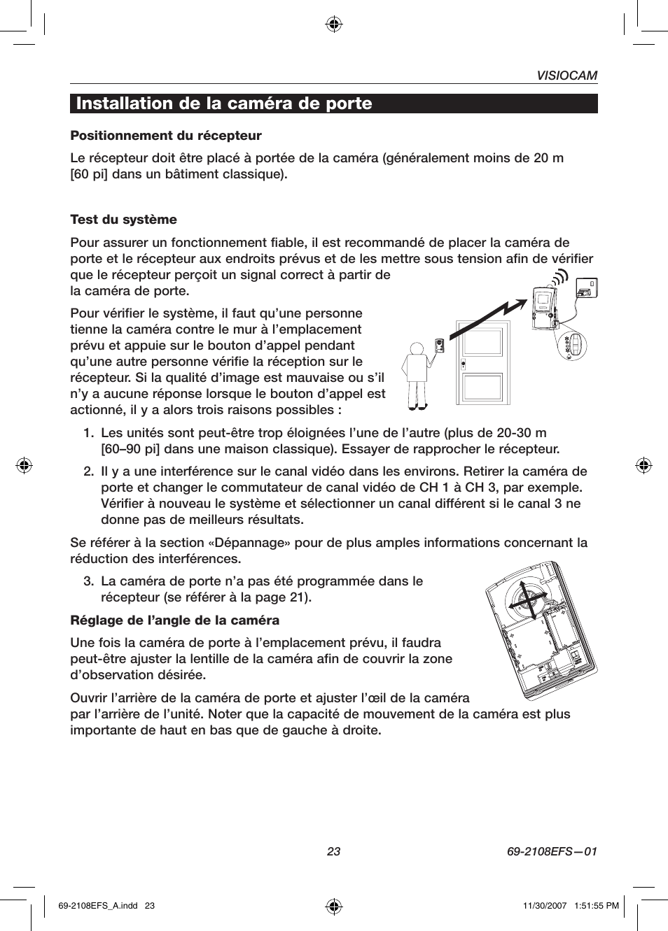 Installation de la caméra de porte | Honeywell VISIOCAM RPWL800A User Manual | Page 25 / 56