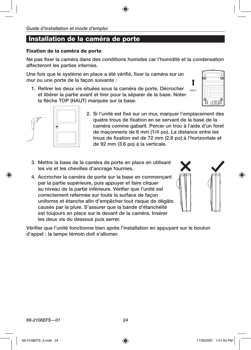Installation de la caméra de porte | Honeywell VISIOCAM RPWL800A User Manual | Page 26 / 56