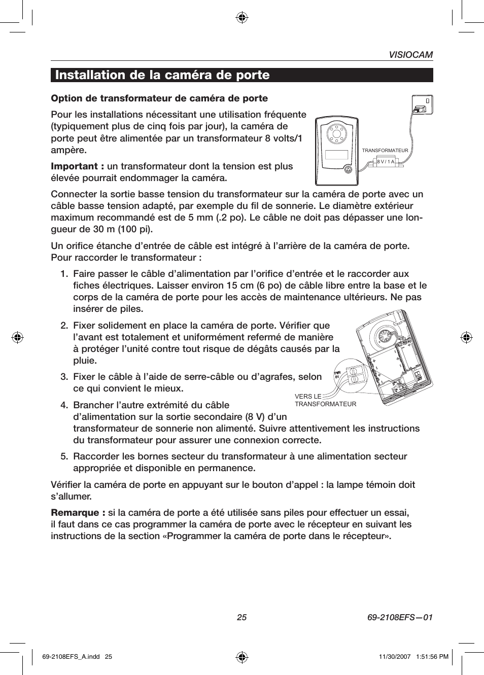 Installation de la caméra de porte | Honeywell VISIOCAM RPWL800A User Manual | Page 27 / 56