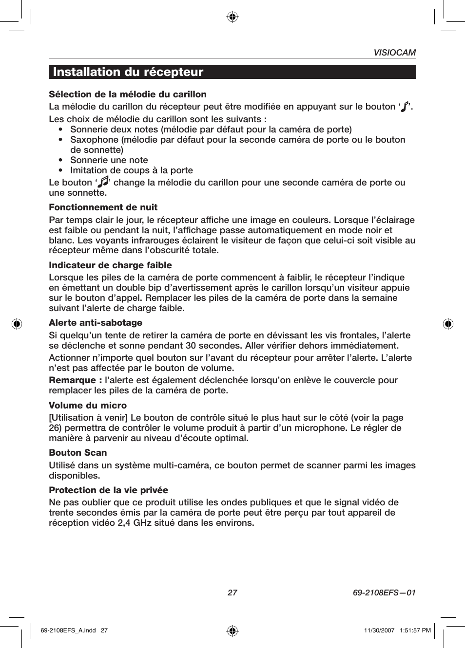 Installation du récepteur | Honeywell VISIOCAM RPWL800A User Manual | Page 29 / 56
