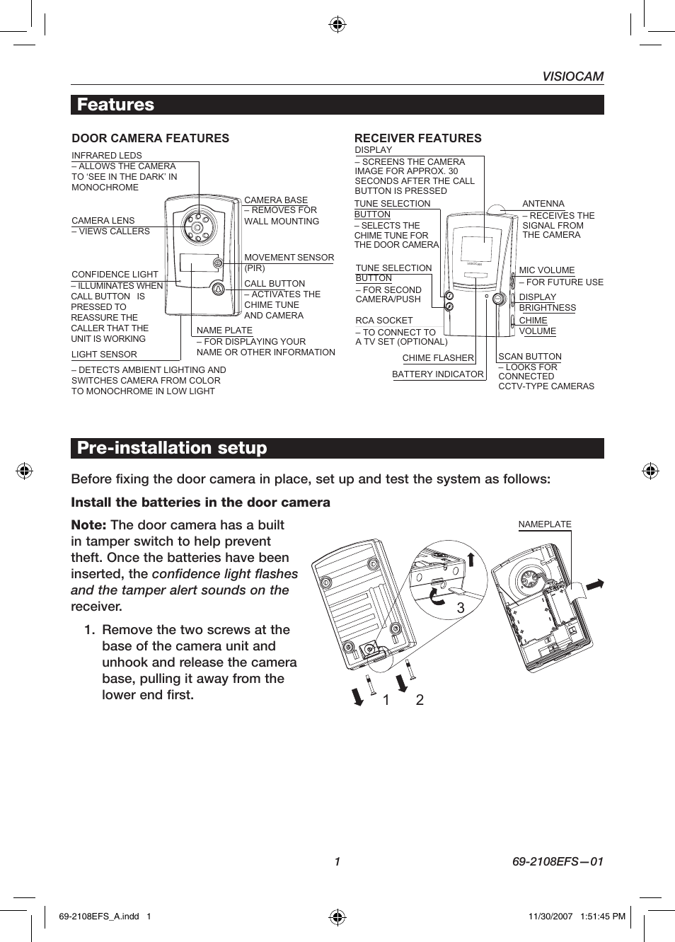 Features, Pre-installation setup, Visiocam | Honeywell VISIOCAM RPWL800A User Manual | Page 3 / 56