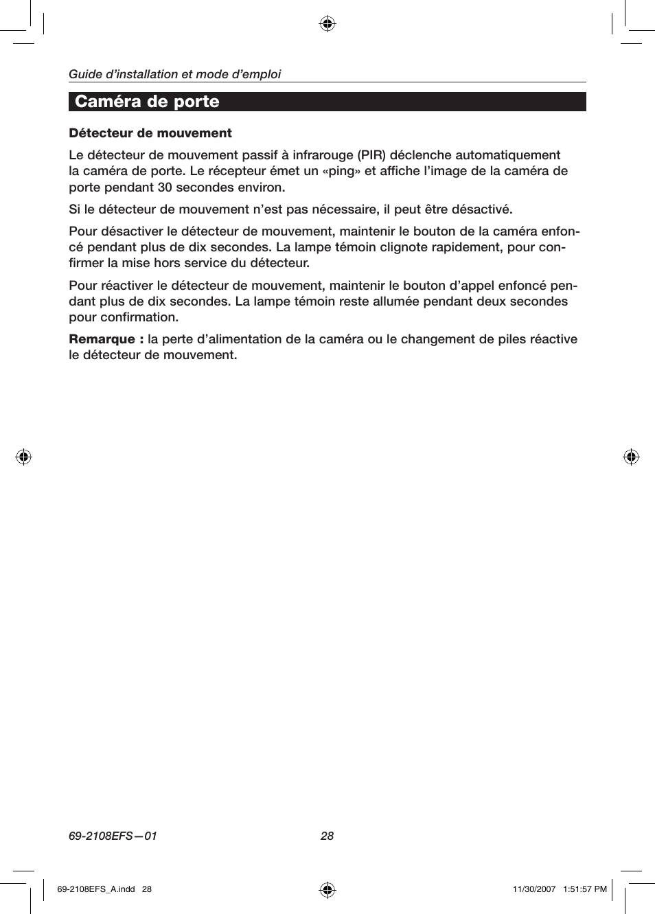 Caméra de porte | Honeywell VISIOCAM RPWL800A User Manual | Page 30 / 56