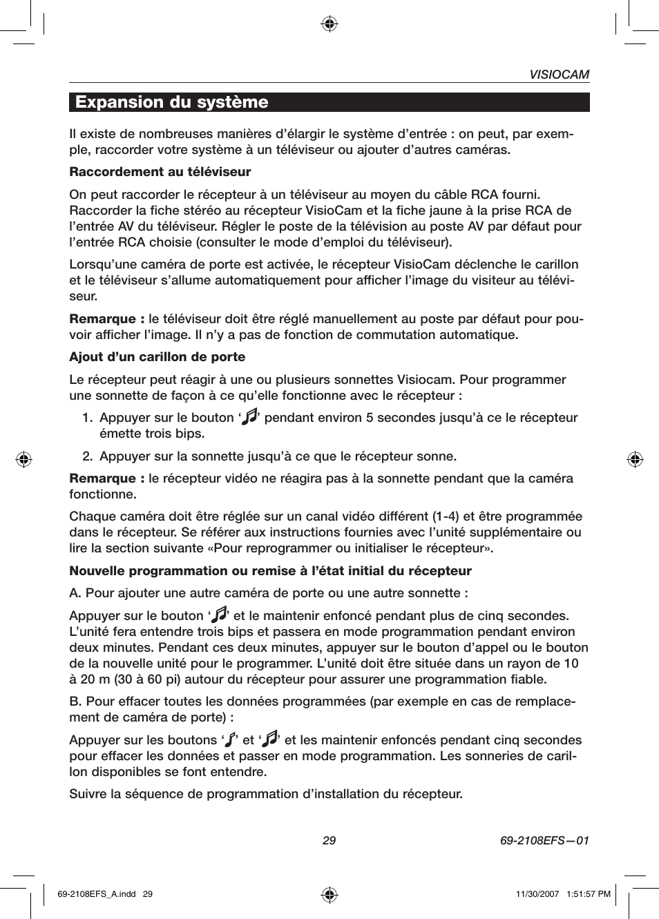 Expansion du système | Honeywell VISIOCAM RPWL800A User Manual | Page 31 / 56