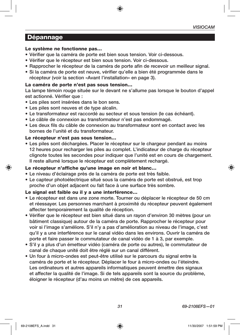 Dépannage | Honeywell VISIOCAM RPWL800A User Manual | Page 33 / 56