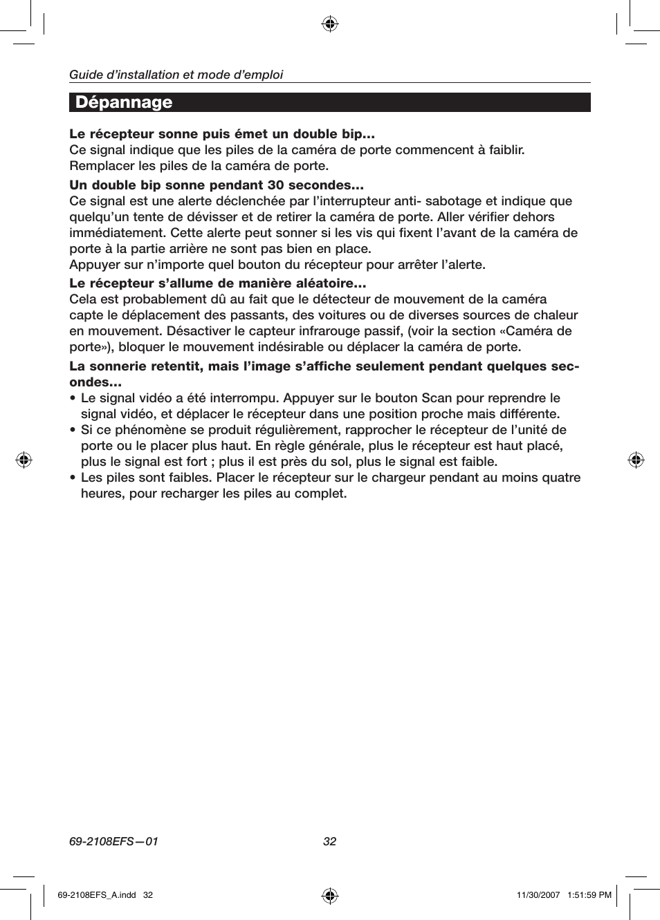 Dépannage | Honeywell VISIOCAM RPWL800A User Manual | Page 34 / 56