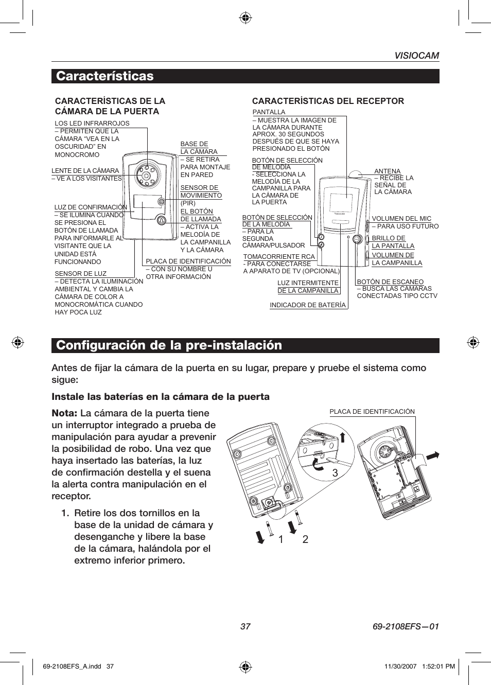 Características, Configuración de la pre-instalación, Visiocam | Honeywell VISIOCAM RPWL800A User Manual | Page 39 / 56