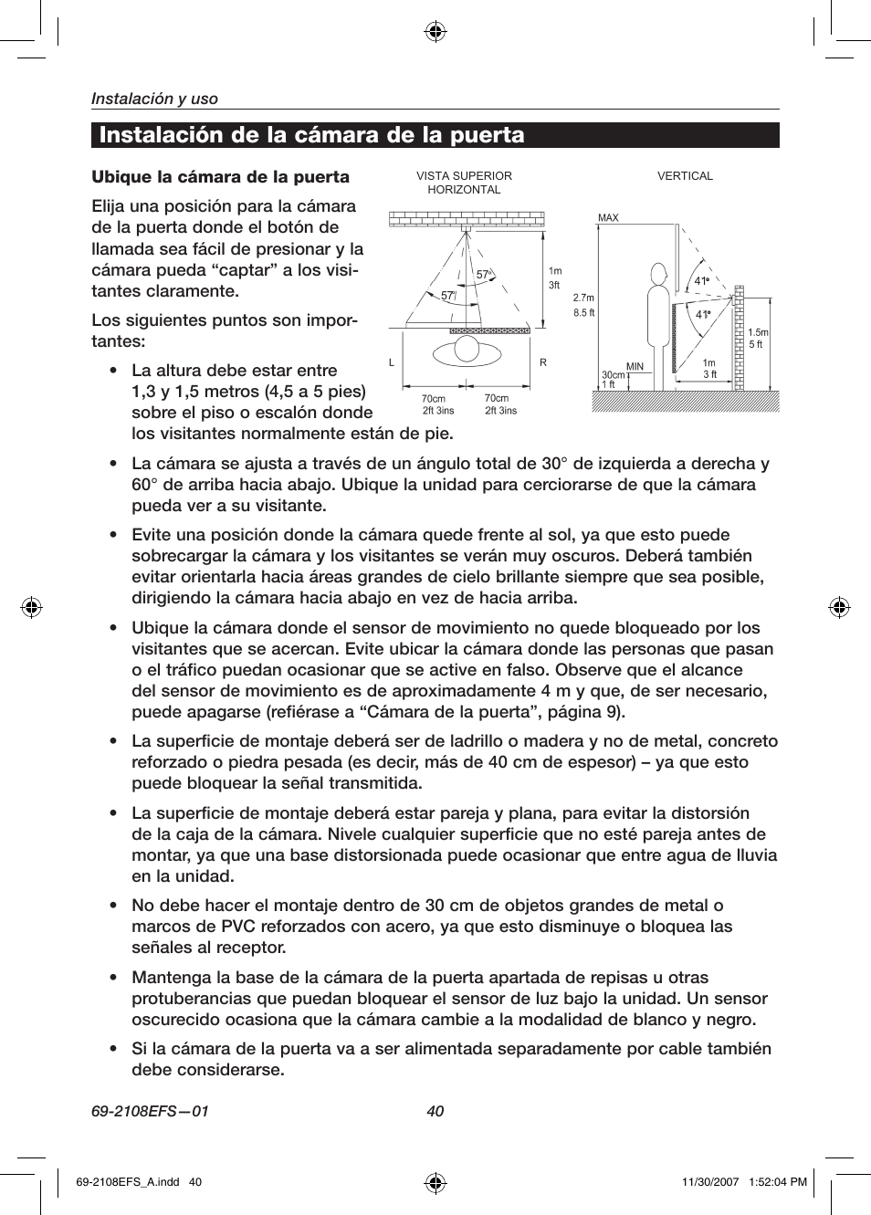 Instalación de la cámara de la puerta | Honeywell VISIOCAM RPWL800A User Manual | Page 42 / 56