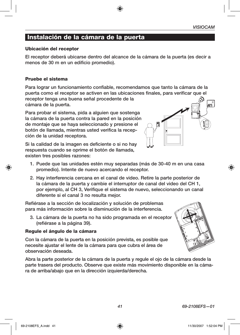Instalación de la cámara de la puerta | Honeywell VISIOCAM RPWL800A User Manual | Page 43 / 56