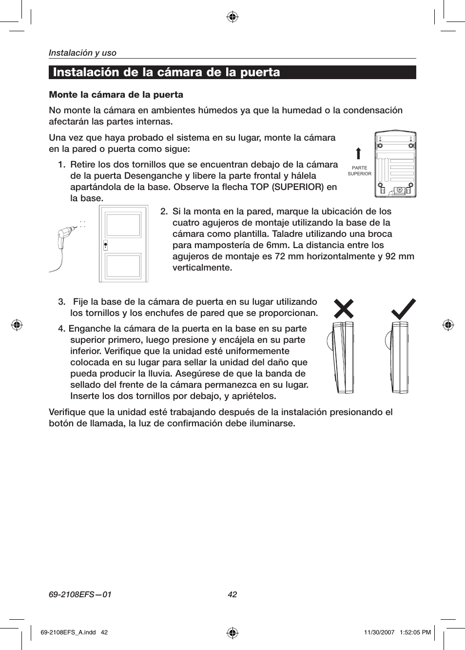 Instalación de la cámara de la puerta | Honeywell VISIOCAM RPWL800A User Manual | Page 44 / 56