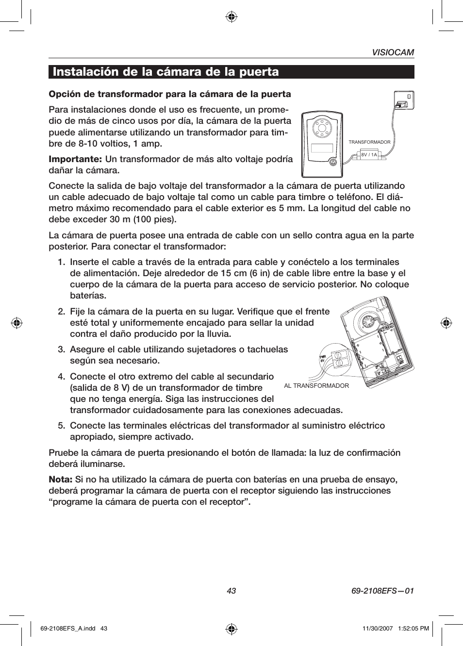 Instalación de la cámara de la puerta | Honeywell VISIOCAM RPWL800A User Manual | Page 45 / 56