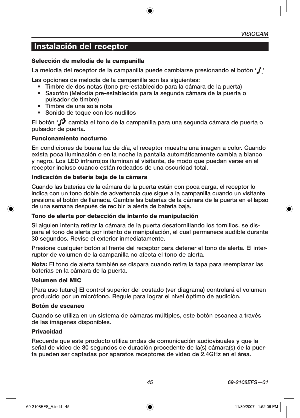 Instalación del receptor | Honeywell VISIOCAM RPWL800A User Manual | Page 47 / 56
