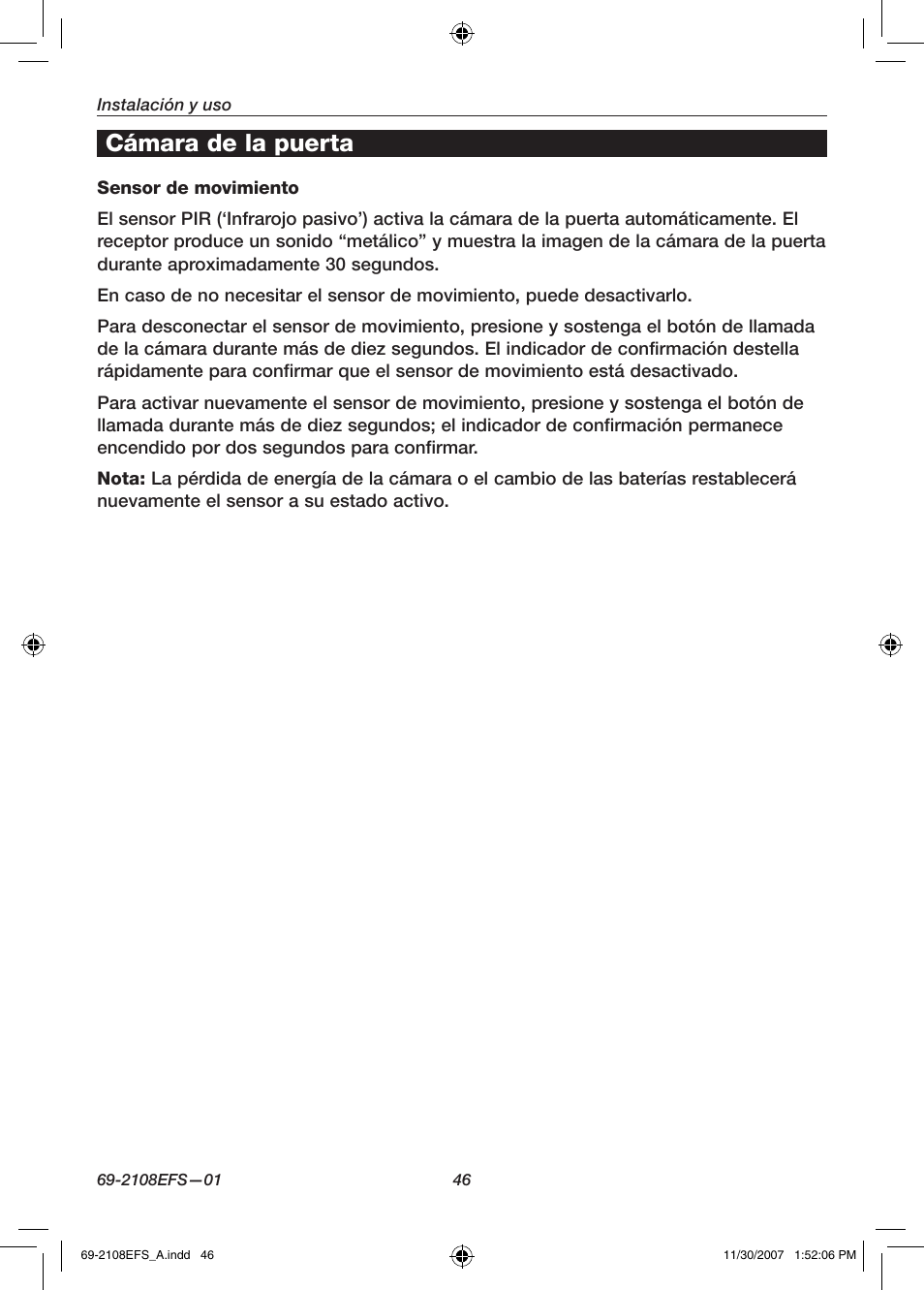 Cámara de la puerta | Honeywell VISIOCAM RPWL800A User Manual | Page 48 / 56