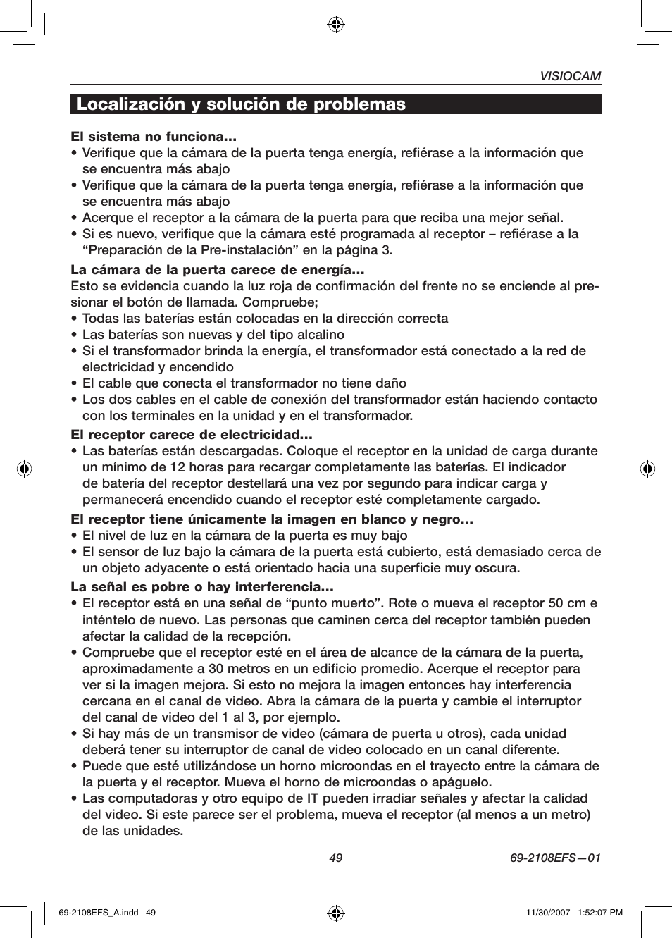 Localización y solución de problemas | Honeywell VISIOCAM RPWL800A User Manual | Page 51 / 56