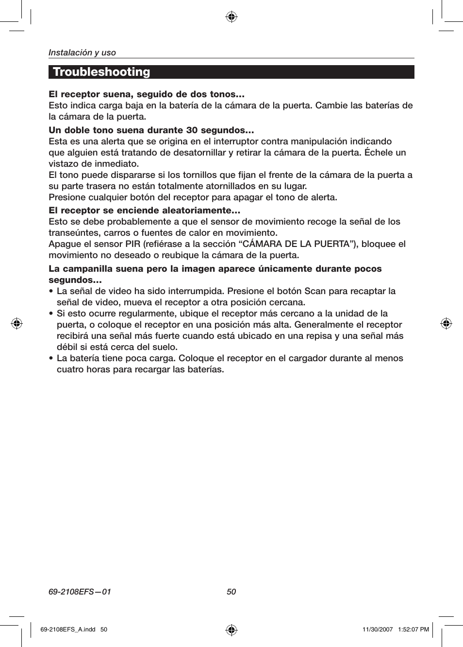 Troubleshooting | Honeywell VISIOCAM RPWL800A User Manual | Page 52 / 56