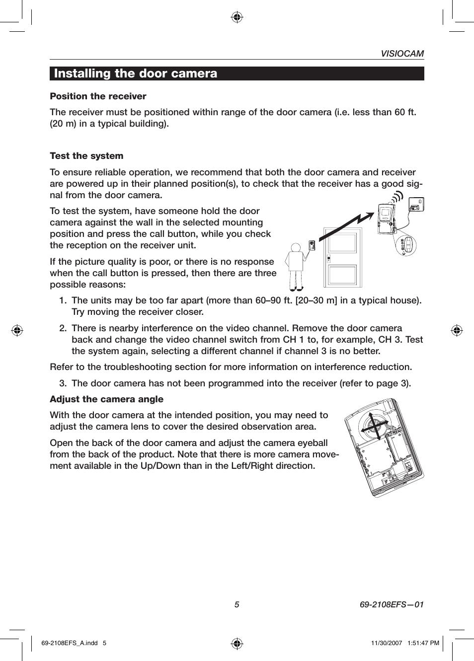 Installing the door camera | Honeywell VISIOCAM RPWL800A User Manual | Page 7 / 56