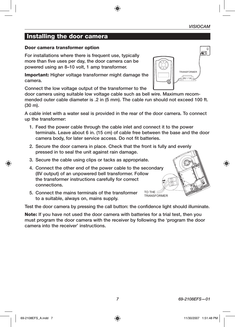 Installing the door camera | Honeywell VISIOCAM RPWL800A User Manual | Page 9 / 56