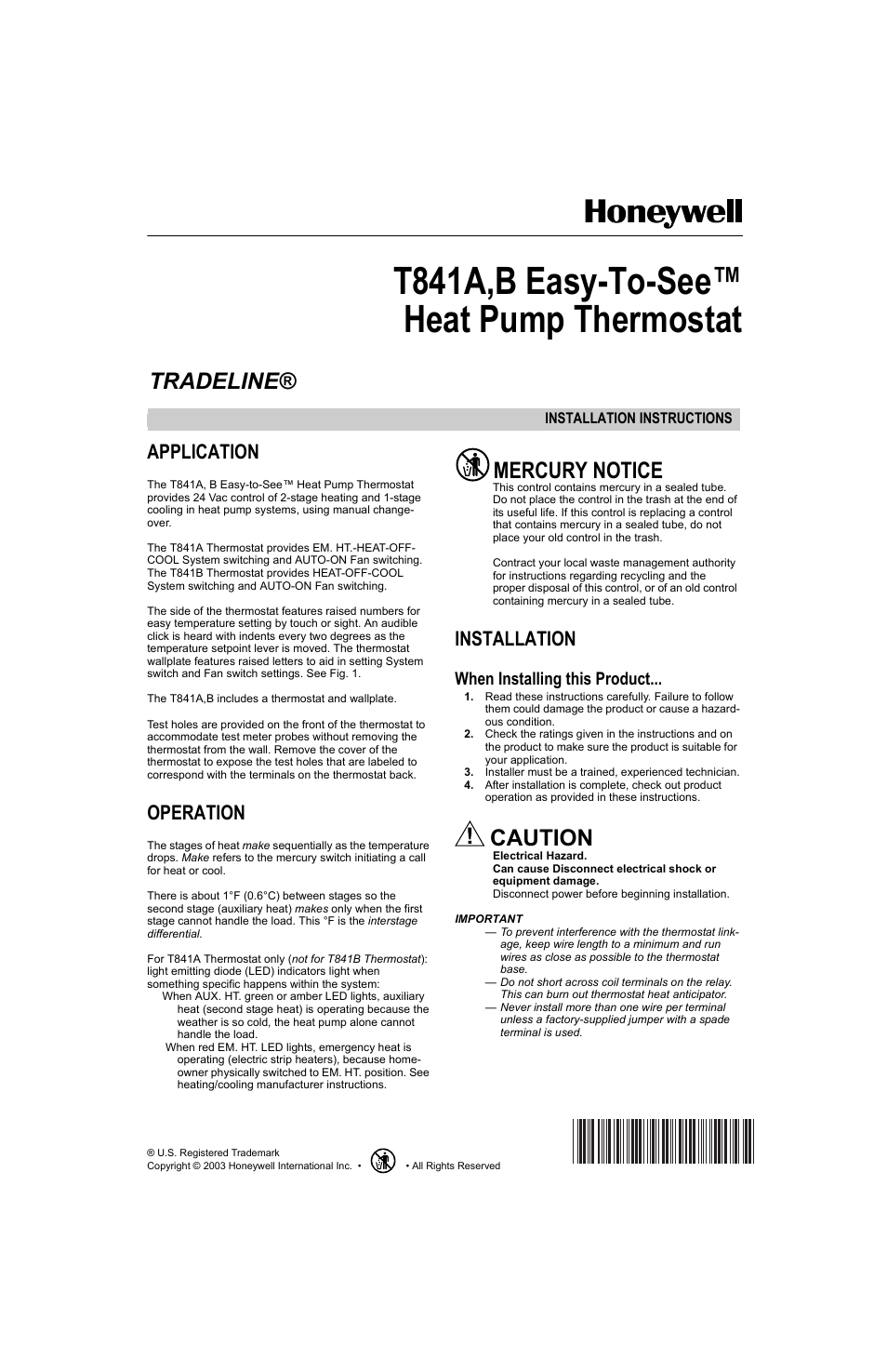 Honeywell EASY-TO-SEE T841B User Manual | 4 pages