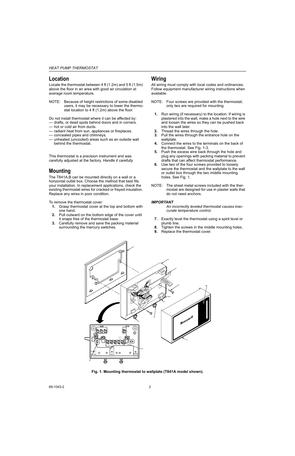 Location, Mounting, Wiring | Honeywell EASY-TO-SEE T841B User Manual | Page 2 / 4