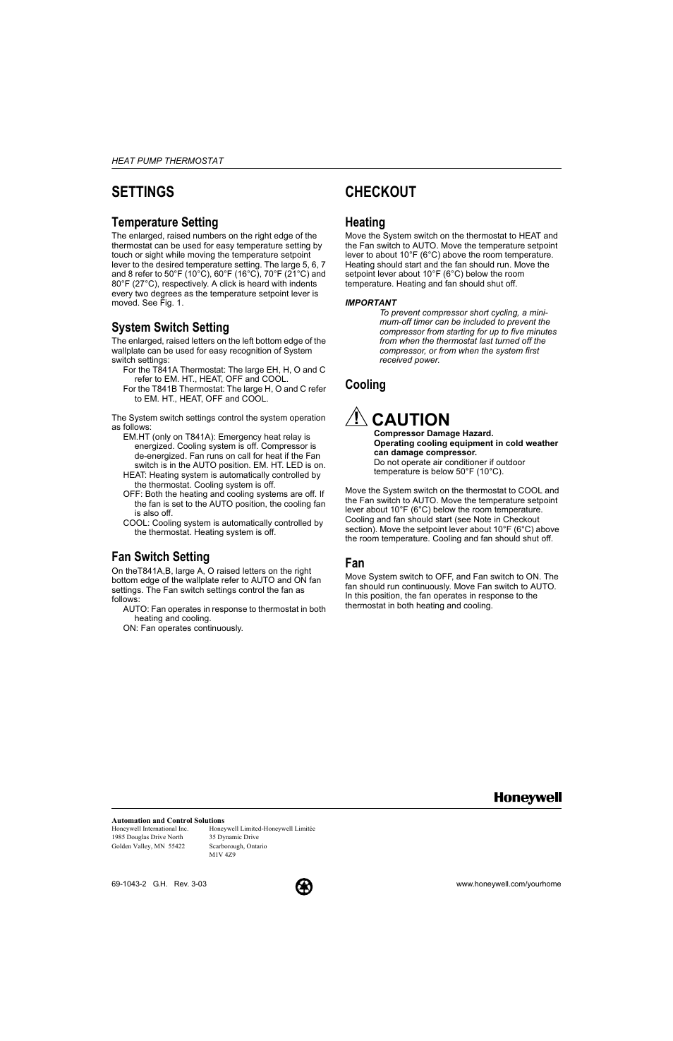 Settings, Temperature setting, System switch setting | Fan switch setting, Checkout, Heating, Cooling, Caution | Honeywell EASY-TO-SEE T841B User Manual | Page 4 / 4