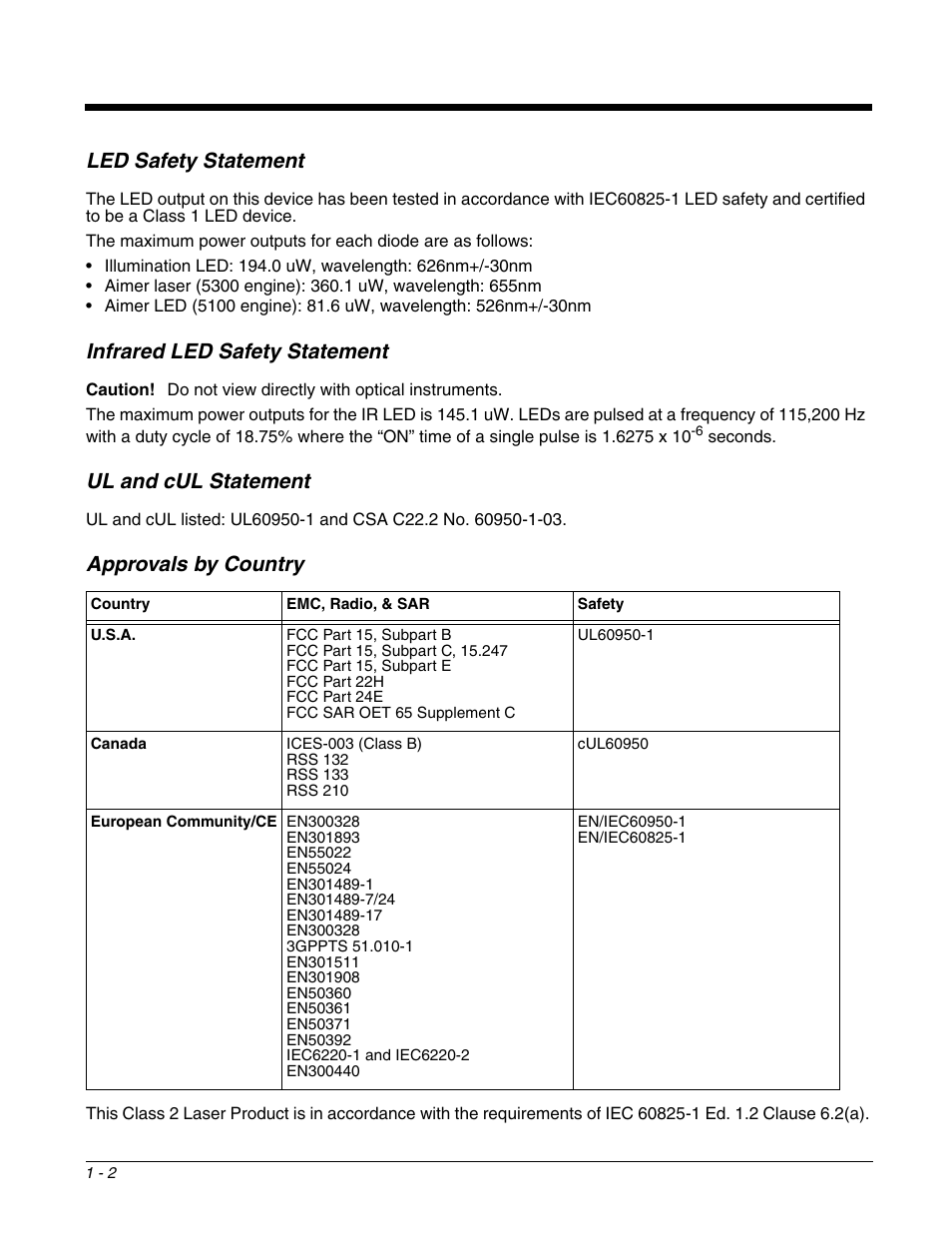 Led safety statement, Infrared led safety statement, Ul and cul statement | Approvals by country | Honeywell DOLPHIN 9700 User Manual | Page 10 / 142