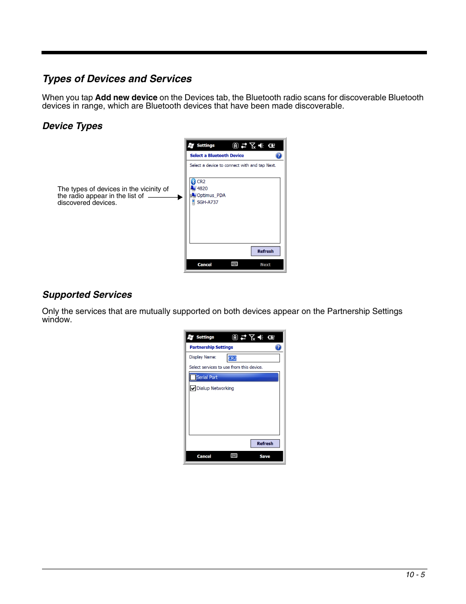 Types of devices and services, Device types, Supported services | Types of devices and services -5 | Honeywell DOLPHIN 9700 User Manual | Page 101 / 142