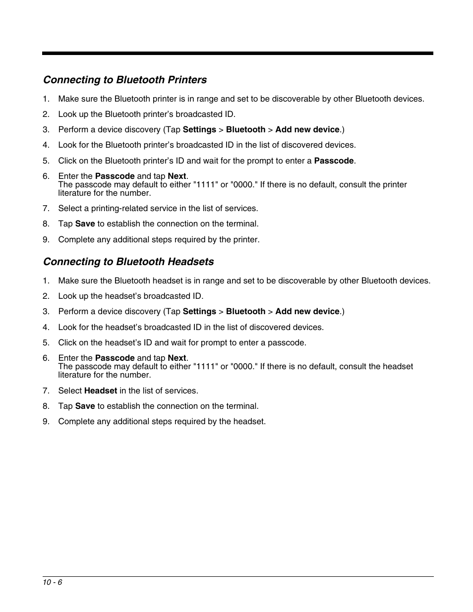 Connecting to bluetooth printers, Connecting to bluetooth headsets | Honeywell DOLPHIN 9700 User Manual | Page 102 / 142