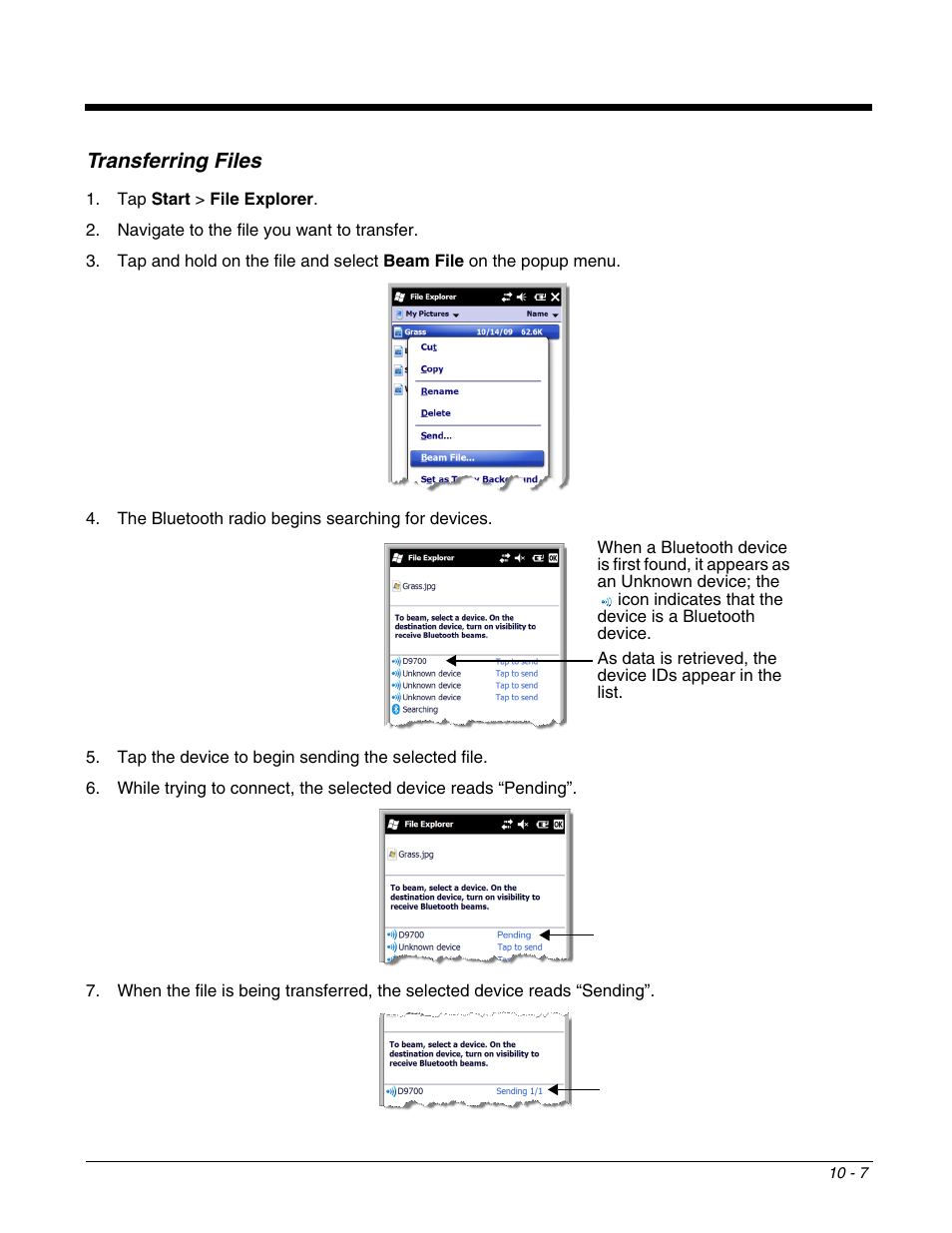 Transferring files, Transferring files -7, To pass a file as an untrusted device; see | Honeywell DOLPHIN 9700 User Manual | Page 103 / 142