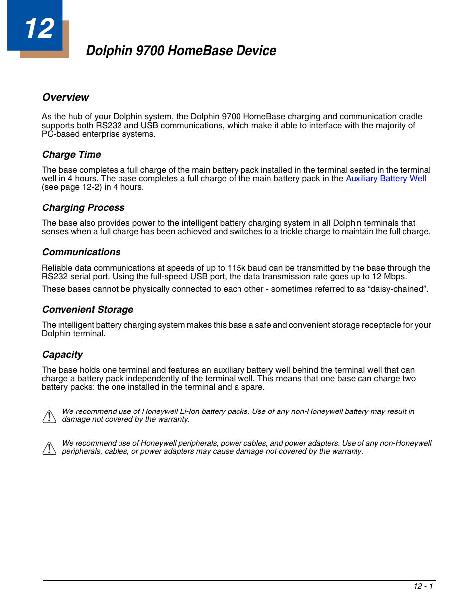 Dolphin 9700 homebase device, Overview, Charge time | Charging process, Communications, Convenient storage, Capacity, Chapter 12 - dolphin 9700 homebase device, Overview -1, For more information, see | Honeywell DOLPHIN 9700 User Manual | Page 107 / 142