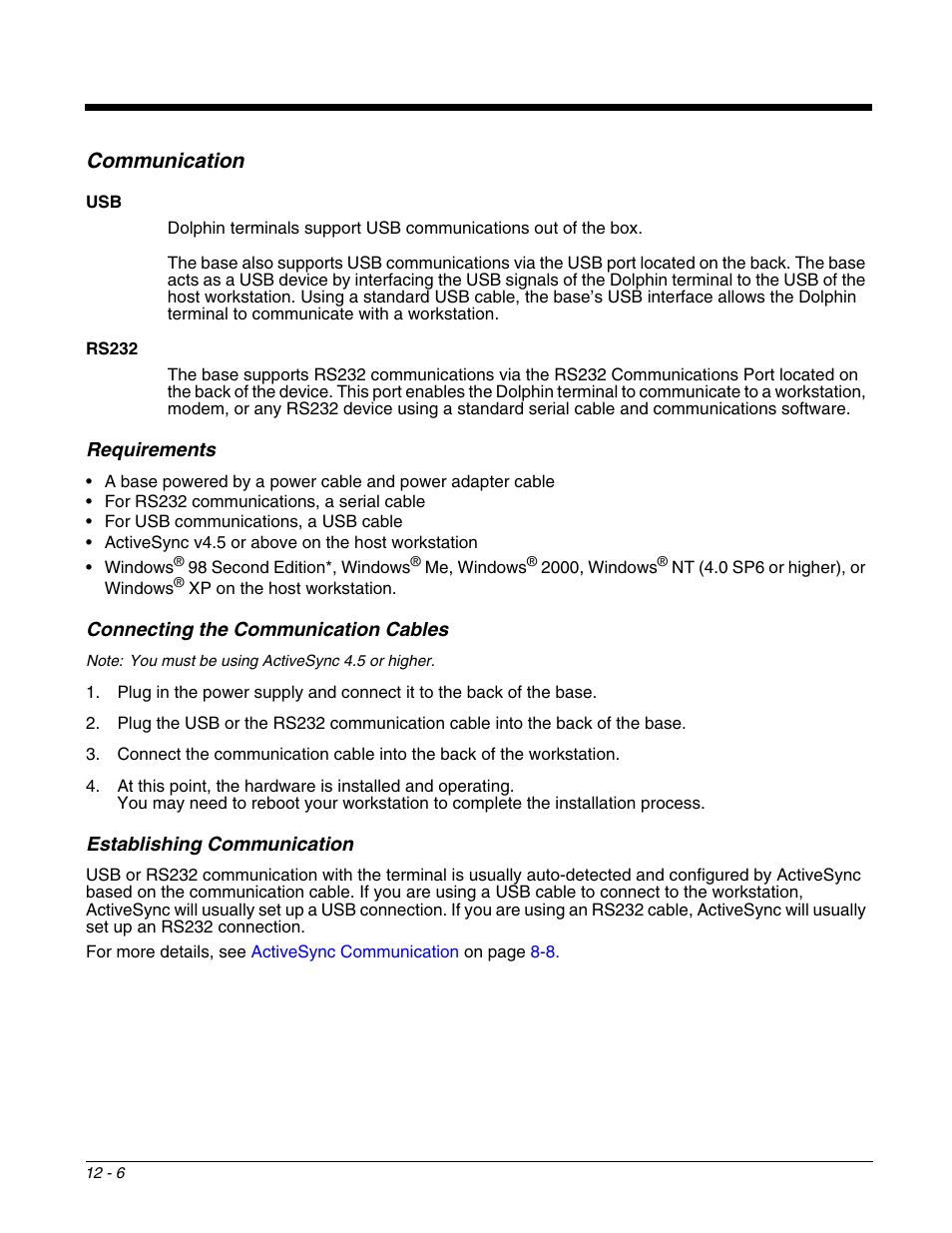 Communication, Requirements, Connecting the communication cables | Establishing communication, Communication -6 | Honeywell DOLPHIN 9700 User Manual | Page 112 / 142