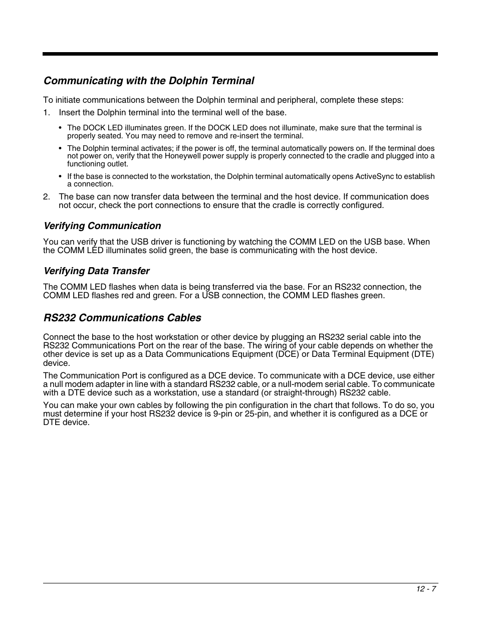 Communicating with the dolphin terminal, Verifying communication, Verifying data transfer | Rs232 communications cables, Communicating with the dolphin terminal -7, Verifying data transfer -7, Rs232 communications cables -7 | Honeywell DOLPHIN 9700 User Manual | Page 113 / 142