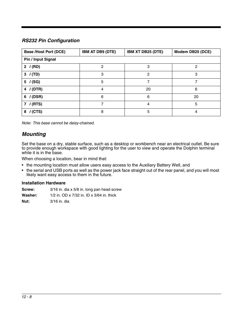 Rs232 pin configuration, Mounting, Rs232 pin configuration -8 | Mounting -8 | Honeywell DOLPHIN 9700 User Manual | Page 114 / 142
