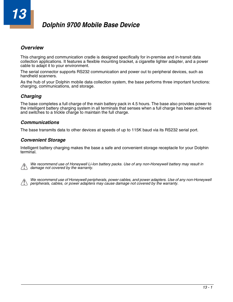 Dolphin 9700 mobile base device, Overview, Charging | Communications, Convenient storage, Chapter 13 - dolphin 9700 mobile base device, Overview -1, For more information, see | Honeywell DOLPHIN 9700 User Manual | Page 117 / 142