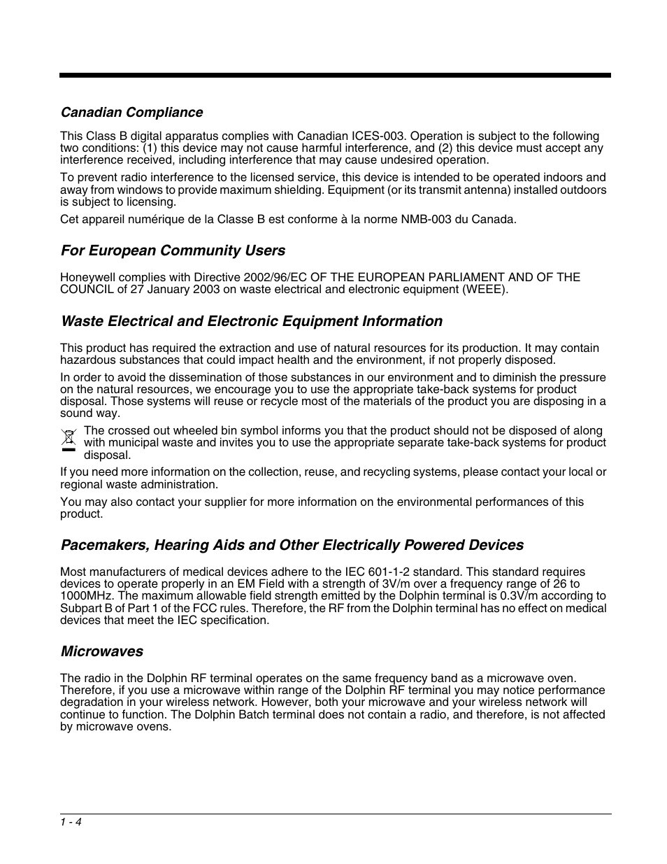 Canadian compliance, For european community users, Microwaves | Honeywell DOLPHIN 9700 User Manual | Page 12 / 142