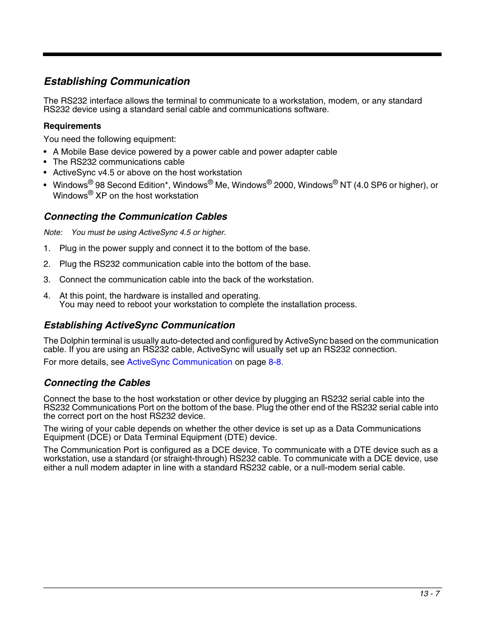 Establishing communication, Connecting the communication cables, Establishing activesync communication | Connecting the cables, Establishing communication -7 | Honeywell DOLPHIN 9700 User Manual | Page 123 / 142