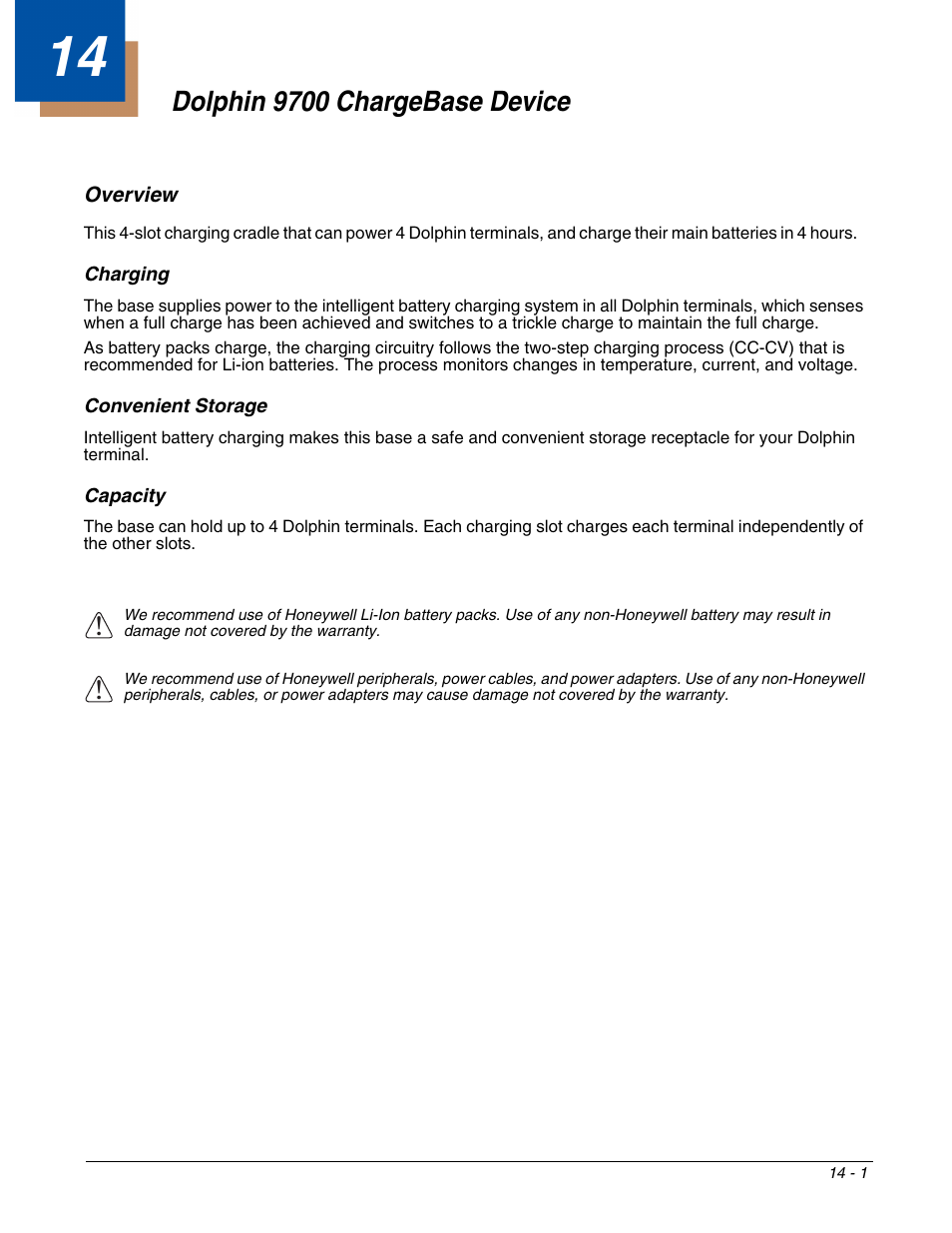 Dolphin 9700 chargebase device, Overview, Charging | Convenient storage, Capacity, Chapter 14 - dolphin 9700 chargebase device, Overview -1, For more information, see | Honeywell DOLPHIN 9700 User Manual | Page 125 / 142