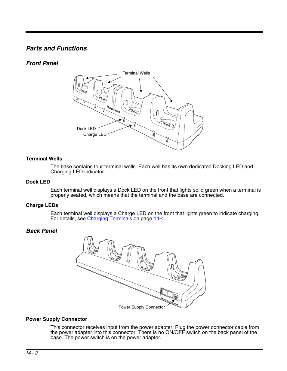 Parts and functions, Front panel, Back panel | Parts and functions -2 | Honeywell DOLPHIN 9700 User Manual | Page 126 / 142