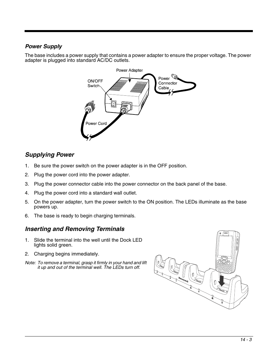 Power supply, Supplying power, Inserting and removing terminals | Honeywell DOLPHIN 9700 User Manual | Page 127 / 142