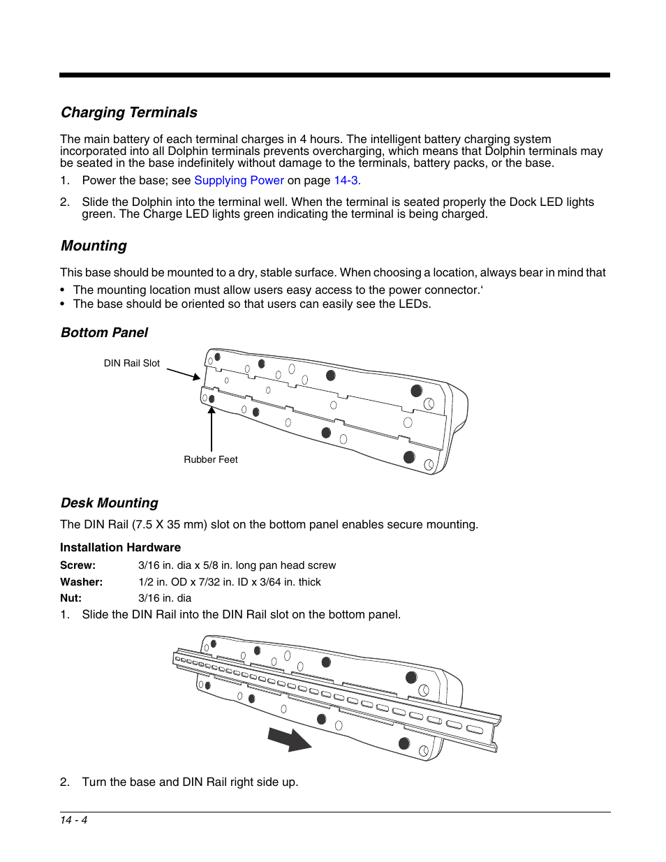 Charging terminals, Mounting, Bottom panel | Desk mounting, Charging terminals -4 mounting -4, For details, see | Honeywell DOLPHIN 9700 User Manual | Page 128 / 142