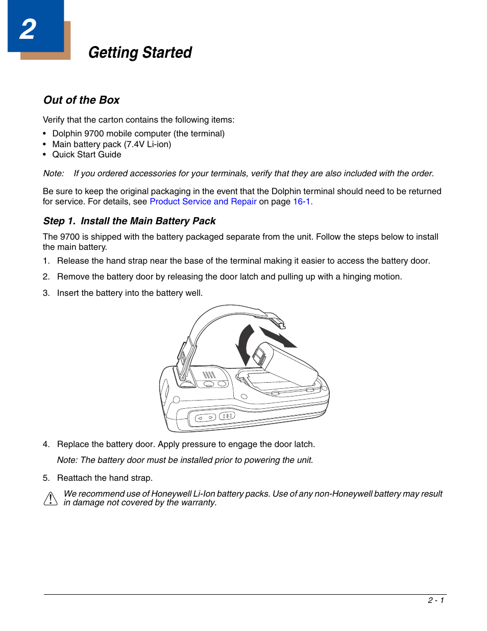 Getting started, Out of the box, Chapter 2 - getting started | Out of the box -1 | Honeywell DOLPHIN 9700 User Manual | Page 13 / 142