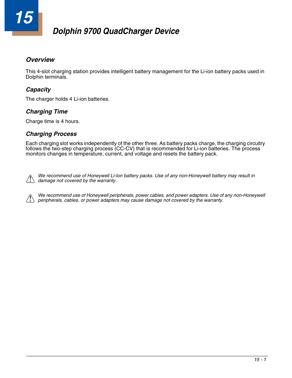 Dolphin 9700 quadcharger device, Overview, Capacity | Charging time, Charging process, Chapter 15 - dolphin 9700 quadcharger device, Overview -1, For more information, see | Honeywell DOLPHIN 9700 User Manual | Page 131 / 142